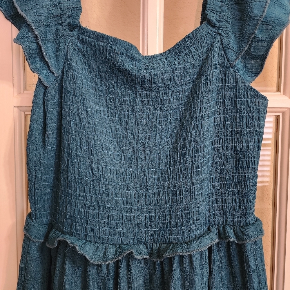 Rebellion Women’s Teal Tiered Maxi Dress Boho Cottagecore Western Ruffle Sleeves - Picture 8 of 12